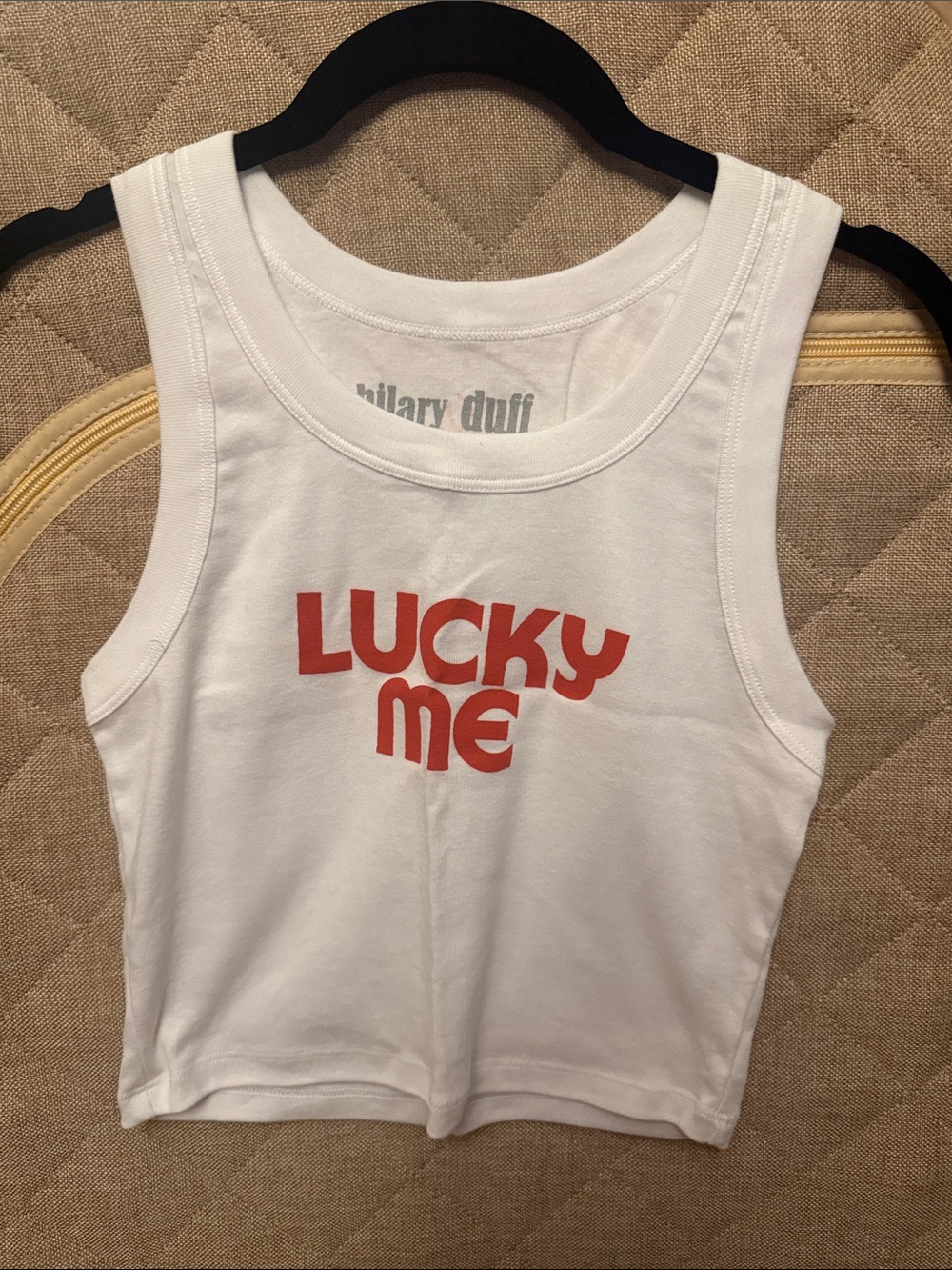 White Crop Tank Top with Red "Lucky Me" Graphic